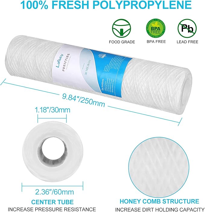 30 Micron 10" x 2.5" String Wound Sediment Water Filter Cartridge,5 Pack,Whole House Sediment Filtration, Universal Replacement for Most 10 inch RO Unit