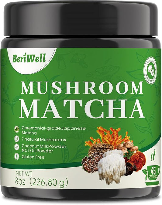 Mushroom Matcha Powder, Japanese Ceremonial Matcha Infused With 7 Superfood Mushrooms, MCT Oil, Coconut Milk Powder, Natural, Gluten Free, Taste Great Matcha Latter 8 Oz(45 Servings)