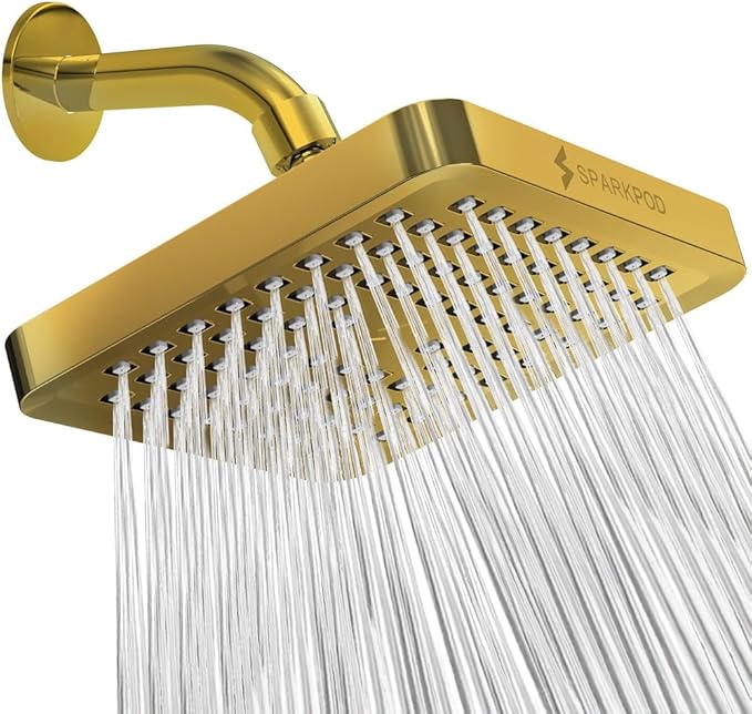 SparkPod Shower Head - High Pressure Rain - Premium Quality Luxury Design - 1-Min Install - Easy Clean Adjustable Replacement for Your Bathroom Shower Heads (Egyptian Gold, 6 Inch Square)