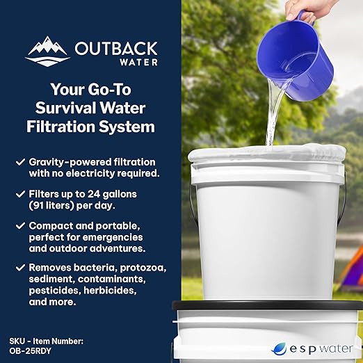 Outback Emergency Drinking Water Filter System - Gravity Fed Bucket Water Filtration for Survival, Off-Grid, Disaster Preparedness, Survival Gear & Camping, Bug Out Kit, Up to 24 Gallons a Day