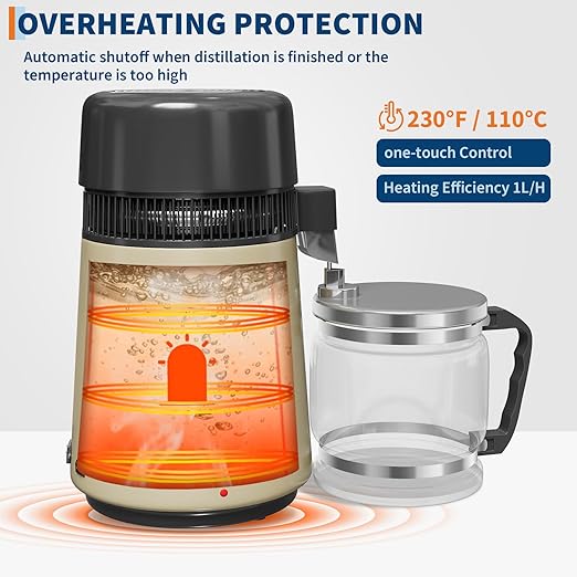 GarveeHome Water Distillers for Home Countertop, 1Gal/4L Stainless Steel Distilled Water Machine with Glass Container, 750W Desktop Drinking Purifier Filter Distilling Kit, Gold