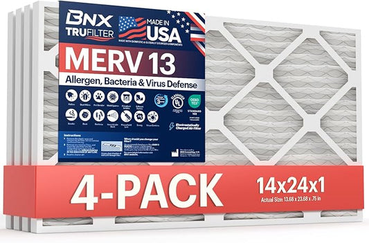 BNX TruFilter 14x24x1 Air Filter MERV 13 (4-Pack) - MADE IN USA - Electrostatic Pleated Air Conditioner HVAC AC Furnace Filters for Allergies, Pollen, Mold, Bacteria, Smoke, Allergen, MPR 1900 FPR 10