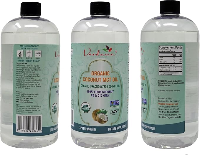 Verdana Organic MCT Oil – 32 Fl Oz Dietary Supplement – 100% Coconut Derived, Fractionated, Food Grade – For Oil Pulling, Keto Coffee, Oral Rinse, Massage & Aromatherapy – Vegan, Non-GMO, Kosher
