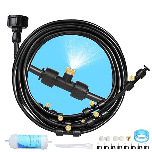 35FT Mister for Outside Patio Misting Cooling System, 35FT (11M) Misting Line+7 Brass Mist Nozzles+Water Filter, Outdoor Mister System for Garden Greenhouse Trampoline Waterparke