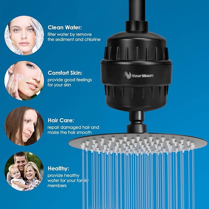 NearMoon High Output 15 Stage Shower Filter - Filtered Shower head softener for Hard Water，Reduces Dry Itchy Skin, Dandruff and Improves the Condition of Your Skin, Hair (Matte Black)