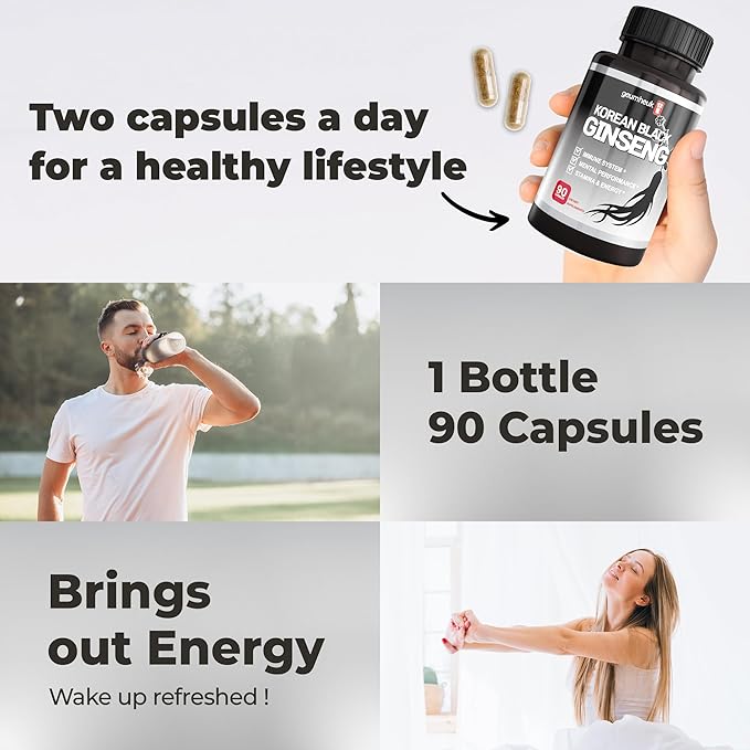 Korean Black Panax Ginseng Capsule 1000mg - 90 Vegan Capsules Non GMO, High Ginsenosides, High Absorption Rate, Enhance Immunity, Mental Performance, Stamina & Energy, Men & Women