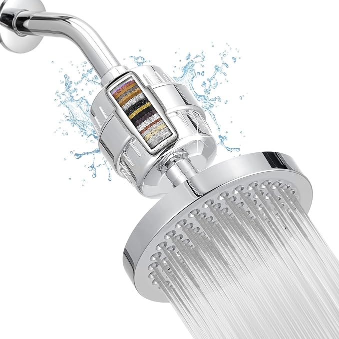 High Pressure Filtered Shower Head Set, 6’’ Rain Shower Filter for Hard Water, Universal Round Showerhead 20 Stage Filtration Removes Impurities for Rejuvenated Skin by Eolax, Chrome