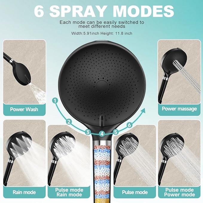 6“ Filtered Shower Head with Handheld, 6-Spray High Pressure Shower Head with Filter for Hard Water, Detachable Handheld Showerhead with Hose and Shower Arm Bracket, Matte Black