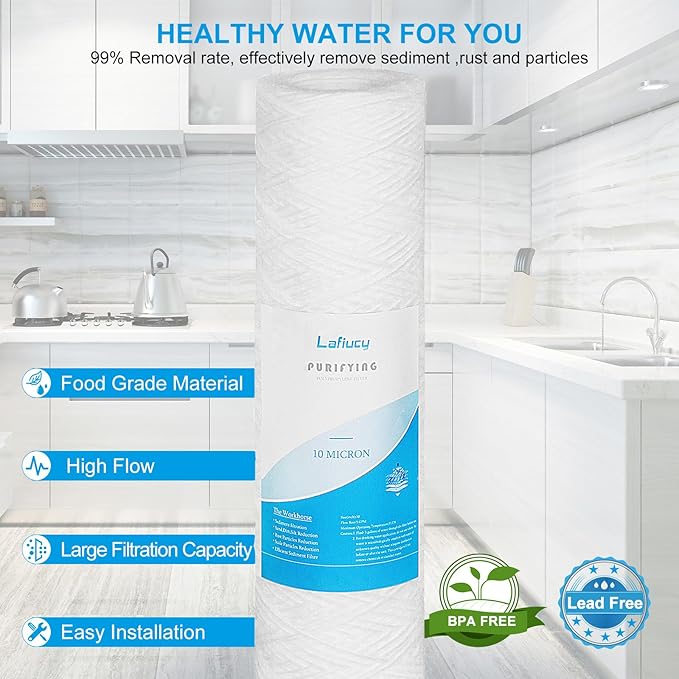 10 Micron 10" x 2.5" String Wound Sediment Water Filter Cartridge,5 Pack,Whole House Sediment Filtration, Universal Replacement for Most 10 inch RO Unit