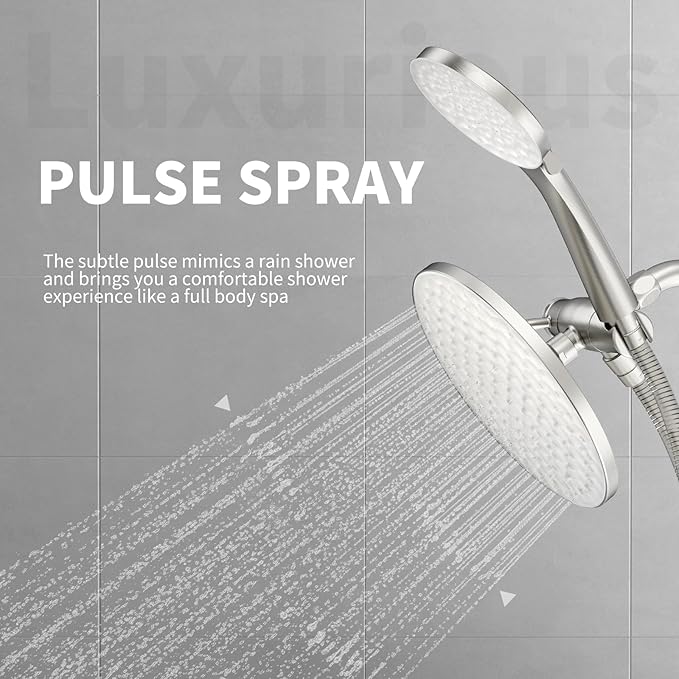 8.6 inch High Pressure 3-Way Shower Heads Combo, Pulsating Rainfall Shower Head, 6-Settings Dual Shower Head with Handheld Hose 6ft Brushed Nickel