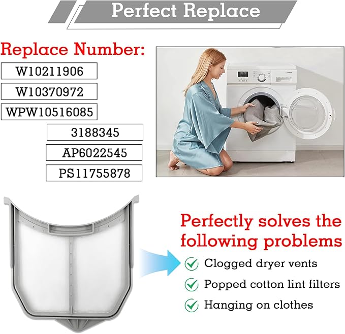 W10516085 Dryer Lint Filter, Compatible with Whirlpool Dryer Filter Lint Screen, Replaces W10211906 W10370972 PS11755878 WPW10516085 3188345 AP6022545 EAP11755878