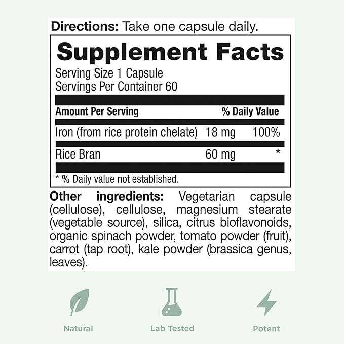 Yuve 100% Vegan Whole Food Chelated Iron Supplement 18mg – Tasteless, Non-Constipating, Gentle on Stomach, Energy Support – Gluten-Free, Non-GMO, 60 Capsules