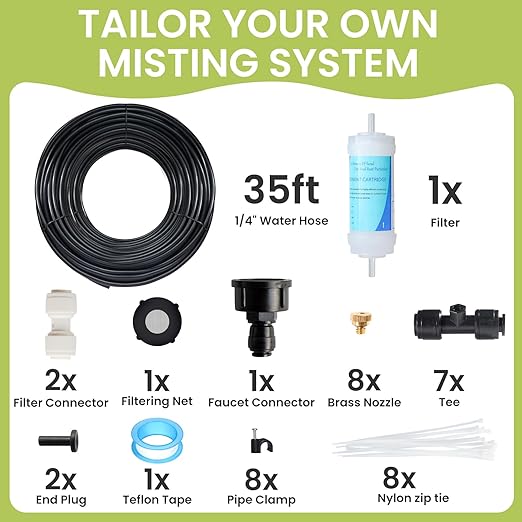 35FT Mister for Outside Patio Misting Cooling System, 35FT (11M) Misting Line+7 Brass Mist Nozzles+Water Filter, Outdoor Mister System for Garden Greenhouse Trampoline Waterparke