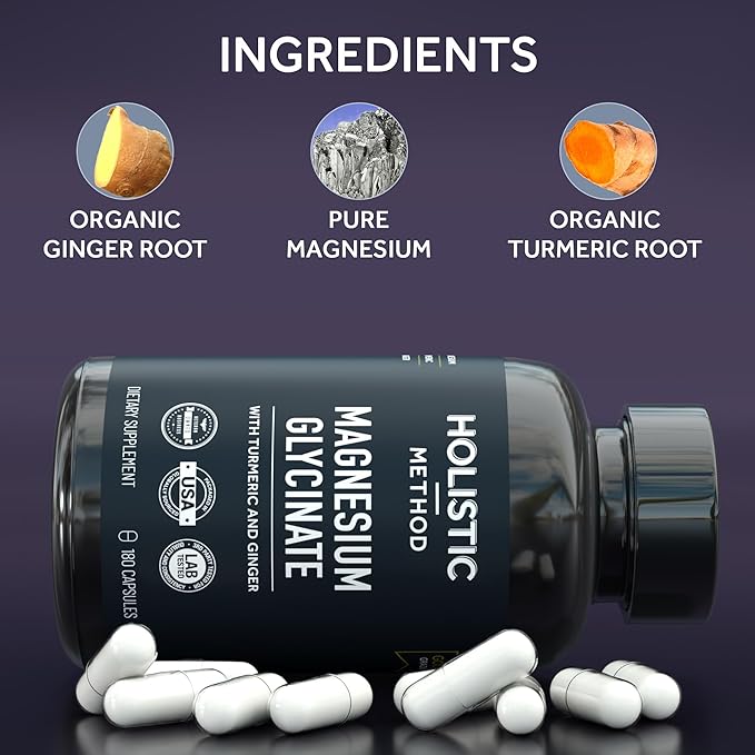 Magnesium Glycinate Capsules with Organic Turmeric and Ginger - 180 Vegan Capsules for Sleep, Relaxation, Muscle Cramps and Immune Support