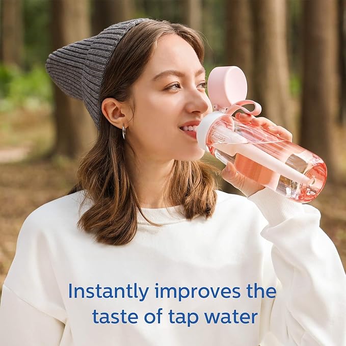 PHILIPS Filtered Water Bottle, BPA-Free Tritan Plastic Water Bottles, Replaces 450 Plastic Water Bottle with Reusable GoZero Everyday Water Filter, Portable Filtering Bottle for Travel, 22 oz, Pink
