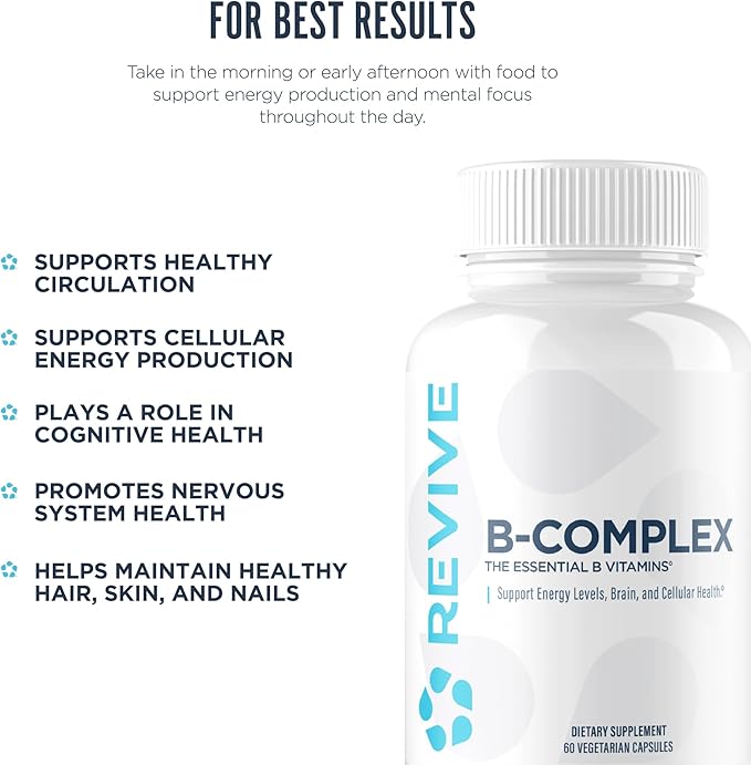 Revive MD Vitamin B Complex Capsules - Supports Heart Health & Immune System - B-Complex Vitamin Supplement for Women & Men - Vitamin B12 Complex Promotes Healthy Brain Function & Boosts Energy