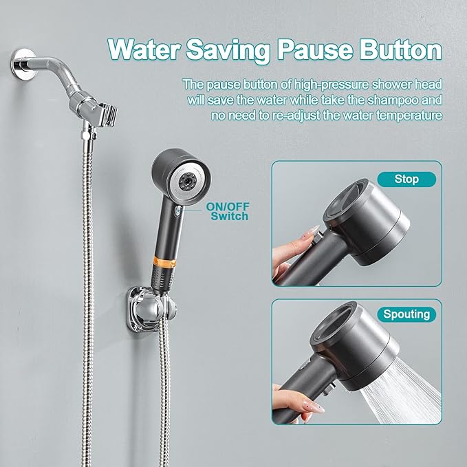 High Pressure Showerhead with Filters, Filtered Shower Head Handheld with ON/OFF Switch,Extra Long 79-inch Hose and Adjustable Angle Bracket Extra Low-Reach Adhesive Wall Mount for Kids (Gray)