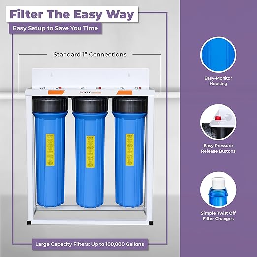 Rotek Water Systems Whole House Water Filtration System, 3-Stage Water Filter System, PHO, KDF, ACB, Clean Water, Polyphosphate Anti-Scale, Carbon Block, & Heavy Metal Filter, 20 Inch