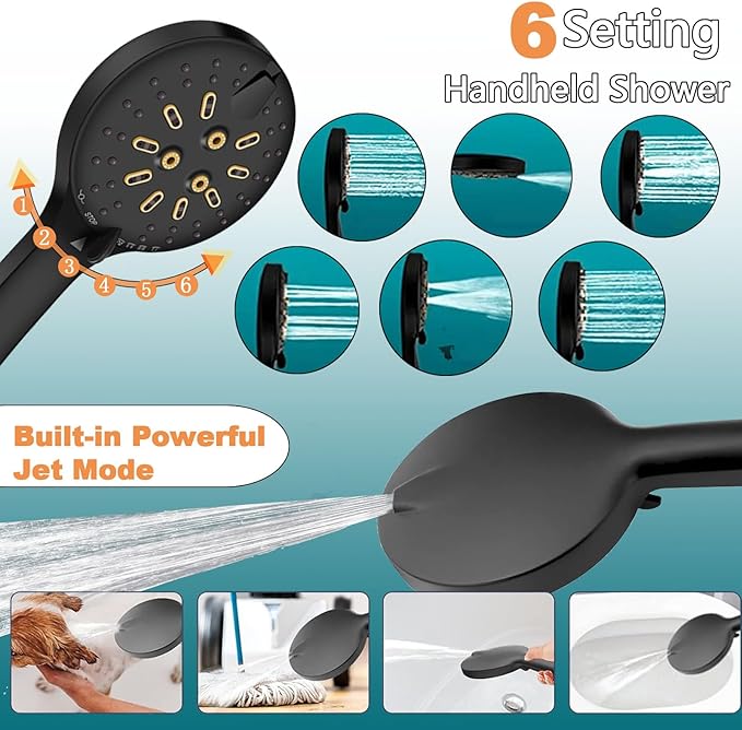 Shower Head, 10" High Pressure Black Rainfall Shower Head with Handheld Spray Combo, 6 Settings Handheld with 78" Anti-leak Hose, 11" Adjustable Extension Arm, Ultra Thin Water Saving, AWAXFOLO