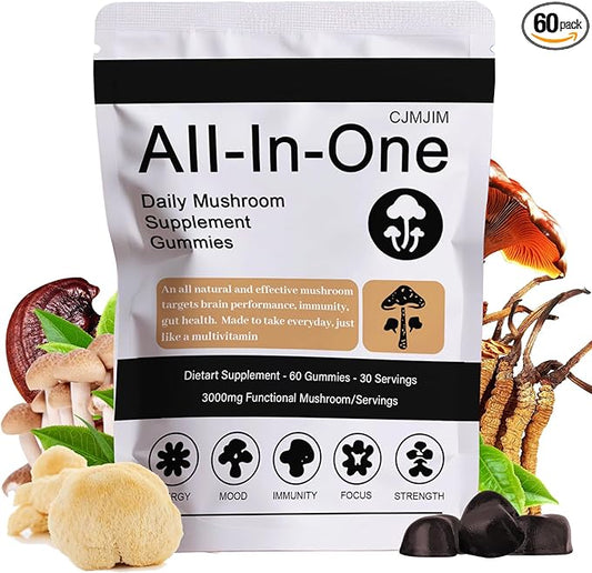 Super Mushroom Daily Gummies - Chaga, Lions Mane, Reishi, Cordyceps Mushroom Supplement Gummy - 60 Gummies (1)