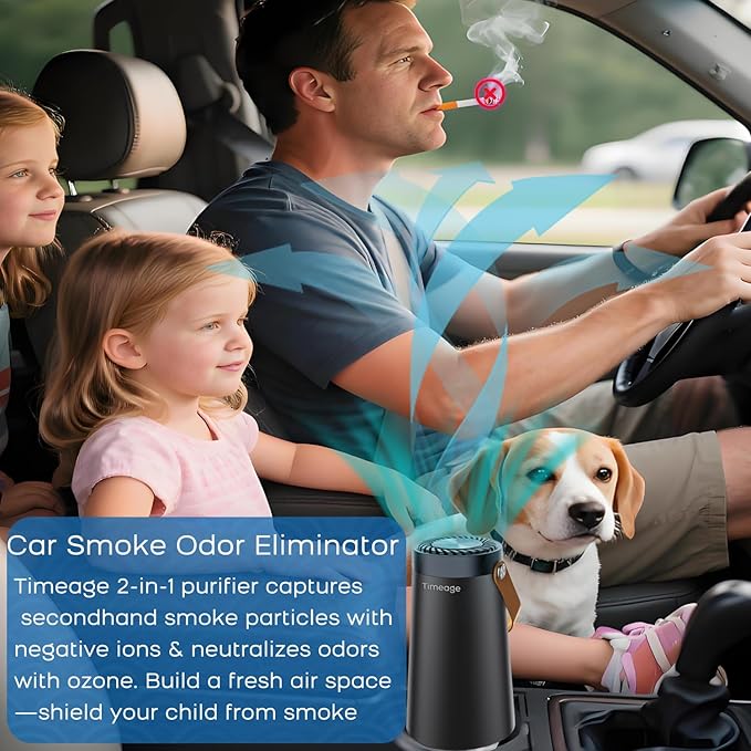 Ozone Generator for Car, 2 in 1 Odor eliminator and Air Ionizer to Remove Smoke Smell, Pet Odor, Dust Mites,PM2.5, Allergens, Portable Rechargeable Air Purifier for Home Room or Travel Black