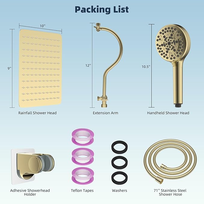 Hibbent All Metal Shower Head, 10'' High Pressure Rainfall Shower Head/Handheld Showerhead Combo with 12'' Adjustable Curved Shower Extension Arm, 10-Spray, 71'' Hose, Showerhead Holder, Brushed Gold