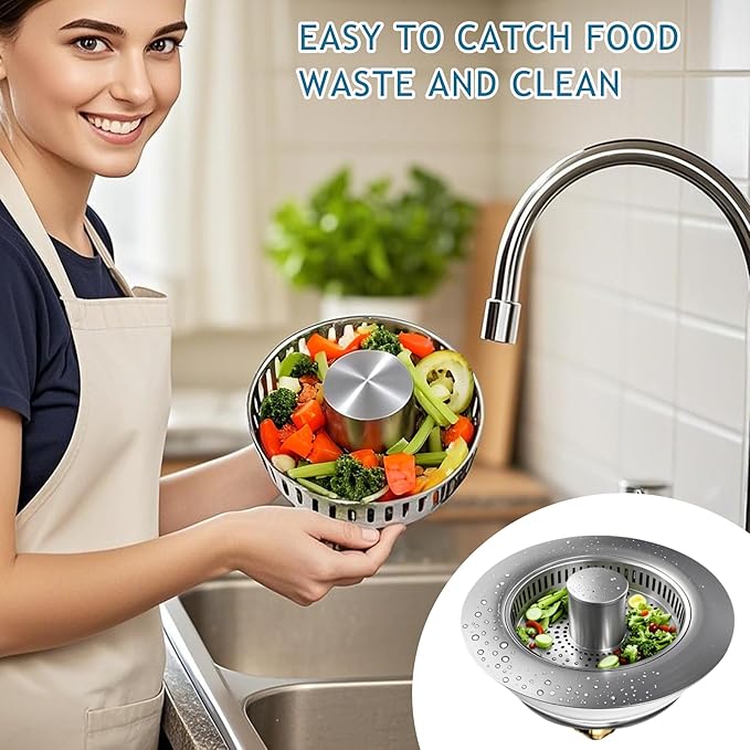3-in-1 Kitchen Sink Drain Strainer & Stopper, Stainless Steel Food Catcher Plug with Filter Basket, Fits 3-1/2 Inch Drain Hole, Universal Sink Protector Cover, Anti-Clogging, Silver (1, Sus304)