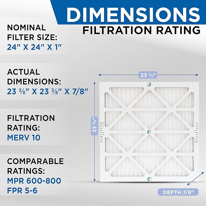 Glasfloss 24x24x1 MERV 10 (FPR 5-6) Pleated Air Filters Box of 6. Actual Size: 23-3/8 x 23-3/8 x 7/8