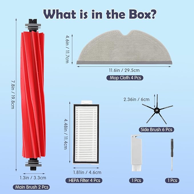 18Pcs Q7 Accessories Kit Replacement Compatible with Roborock Q7 / Q7+ / Q7 Max / Q7 Max+ Robot Vacuum, 2 Main Brush, 4 Mop Cloth Pads, 6 Side Brushes, 4 Washable Filter, 1 Tool (Not for Q7 M5)