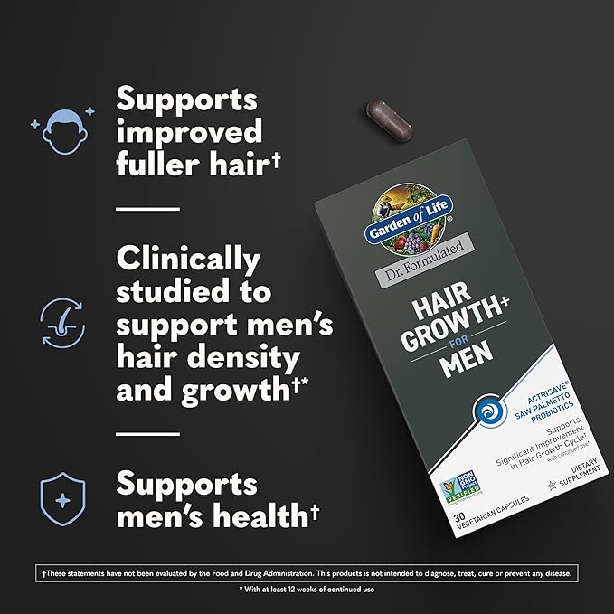 Garden of Life Dr. Formulated Hair Growth for Men with Clinically Studied Extracts and Saw Palmetto for Men to Support Men’s Hair Growth, 30 Count Vegetarian Capsules