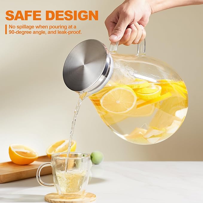 Glass Pitcher with Lid,1 Gallon Glass Water Pitcher Hot/Cold Water Jug, Juice and Iced Tea Beverage Carafe with Lid (Extra-Wide Mouth)