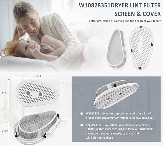 W10828351 Dryer Lint Filter and Screen Replacement for Ken-more Whirl-pool Dryer/Washer, Fetechmate W10828351 Dryer Lint Filter Screen & Cover Replaces 8531964 8531967 AP5985829 - ‎1 Year WAR