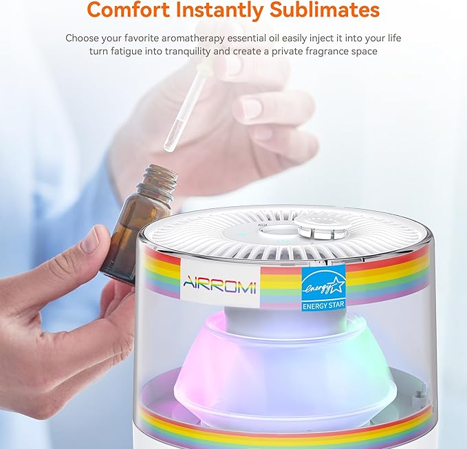 AIRROMI Air Purifiers for Bedroom Home,Up to 658 Ft²,Activated Carbon Filter Cleaner,With Fragrance Sponge for Better Sleep,Night Light,Pet Dander,Allergies,Smoke,Odor,Desktop Air Cleaner A2002Rainbow