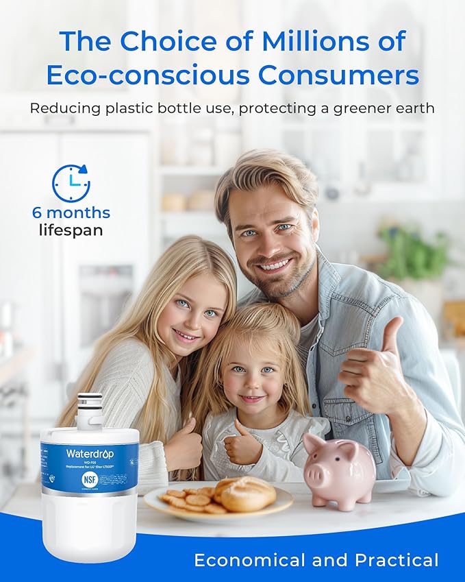 Waterdrop 5231JA2002A Refrigerator Water Filter, Replacement for LG®LT500P®, GEN11042FR-08, ADQ72910911, ADQ72910901, Kenmore 9890, 46-9890, LFX25974ST, LMX25964ST, 3 Pack, Package May Vary