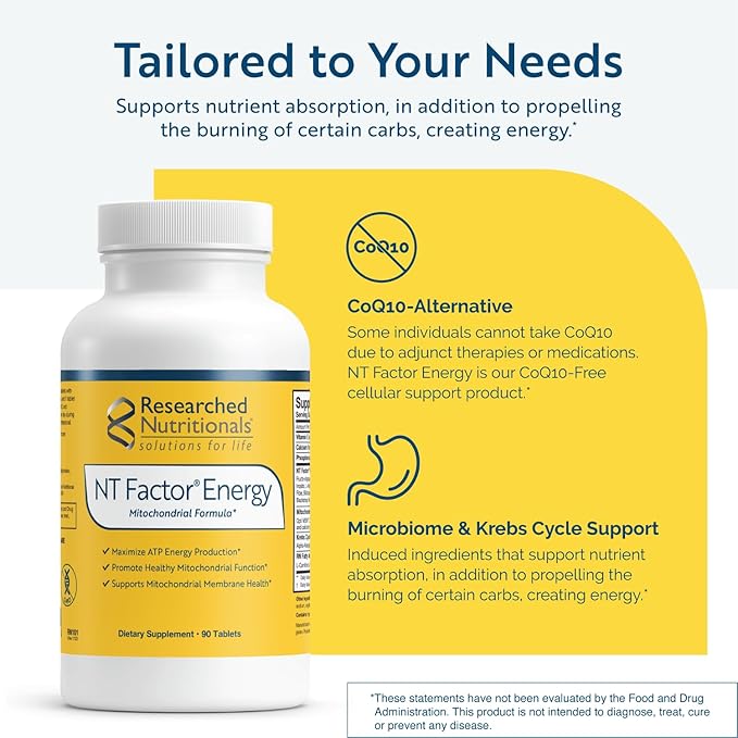 Researched Nutritionals NT Factor Energy - Advanced Mitochondrial Formula to Promote Cellular Health, ATP Production, Energy & Brain Health (90 Tablets)