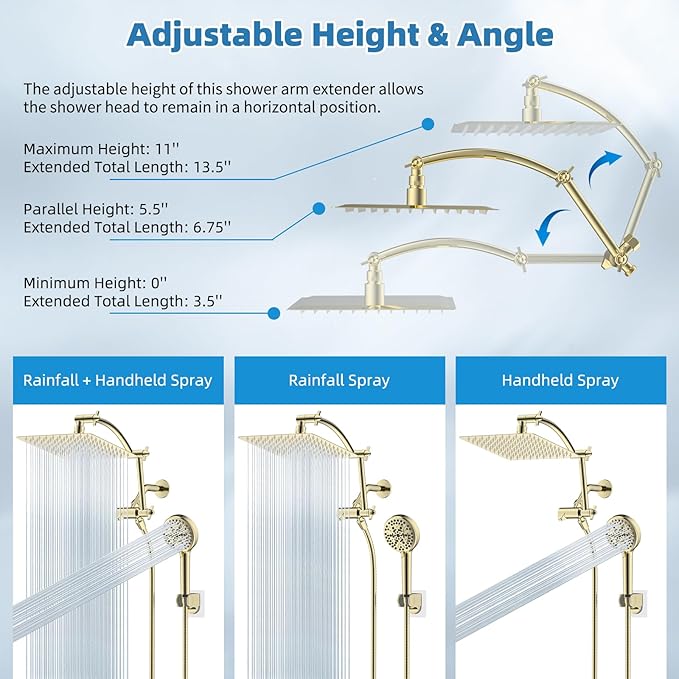 Hibbent All Metal Shower Head, 10'' High Pressure Rain Shower Head, Handheld Showerhead Combo, 16'' Adjustable Shower Extension Arm, 10 Sprays, 71'' Hose, Adhesive Showerhead Holder, Polished Brass