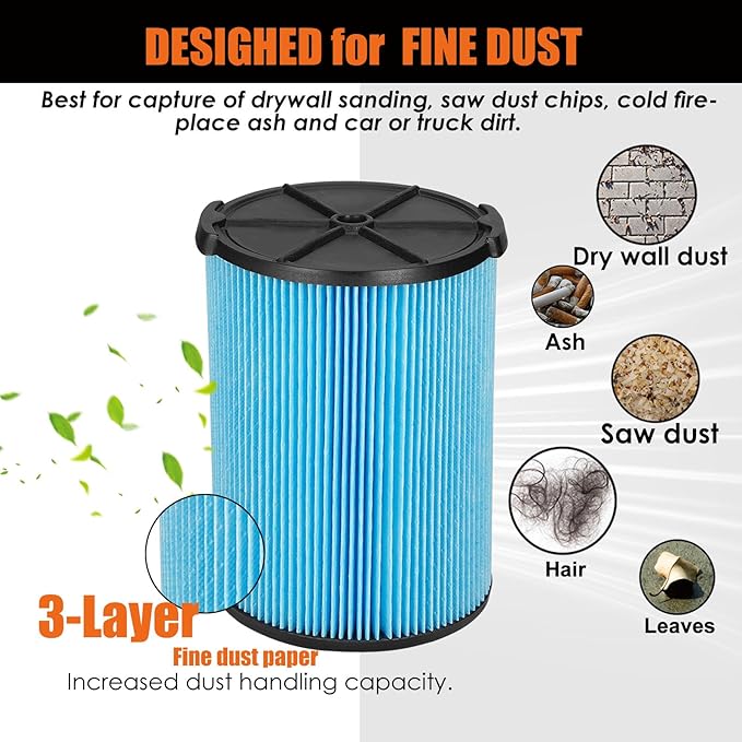 VF5000 Replacement Filter for Ridgid Shop Vacuums 5-20 Gallon, Universal Fine Dust Filter Fits Rigid Wet Dry Vac/Husky Shop Vacuum Filter 6-9 Gallon with Foam Sleeves- 1 Pack