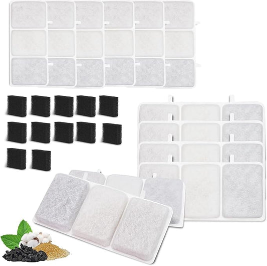 12 Pack Replacement Water Filter & 12 Pack Replacement Pre-Filter Sponges Compatible with Petory® 74oz/2.2L Automatic Pet Fountain