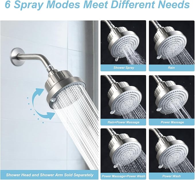 OFFO Filtered Shower Head, 20 Stage Shower Filter Head for Hard Water, 6 Modes High Pressure Shower Head with Filter for Remove Chlorine and Harmful, Brushed Nickel