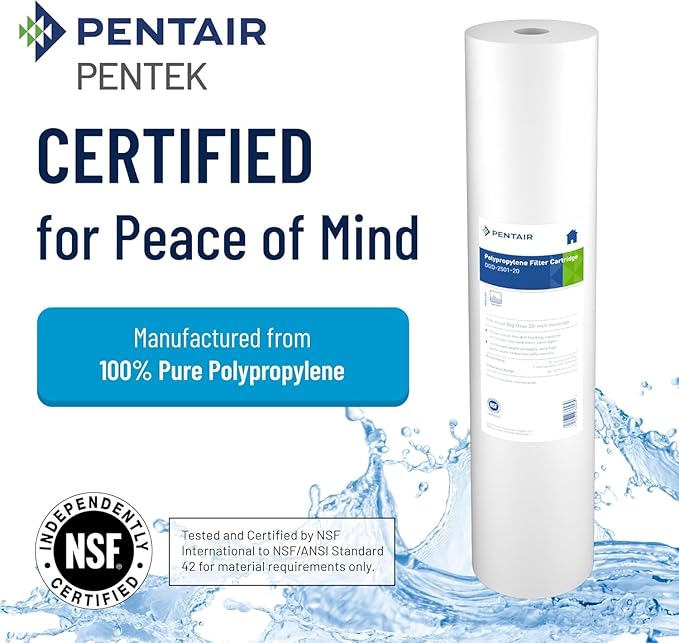 Pentair Pentek DGD-2501-20 Big Blue Water Filter, 20-Inch Whole House Sediment Filter Cartridge Replacement, Dual-Gradient Density Spun Polypropylene, 20" x 4.5", 1 Micron, Pack of 6, White