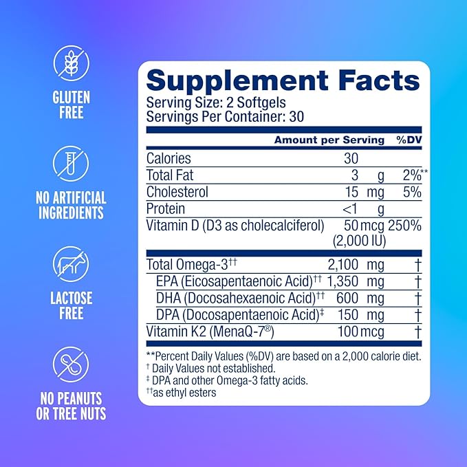 Oceanblue Professional Omega-3 2100 with Vitamin K2 and Vitamin D3-120 Count 2 Pack- Triple Strength Burpless Fish Oil Supplement with EPA, DHA & DPA - Wild Caught - Orange Flavor, 60 Servings