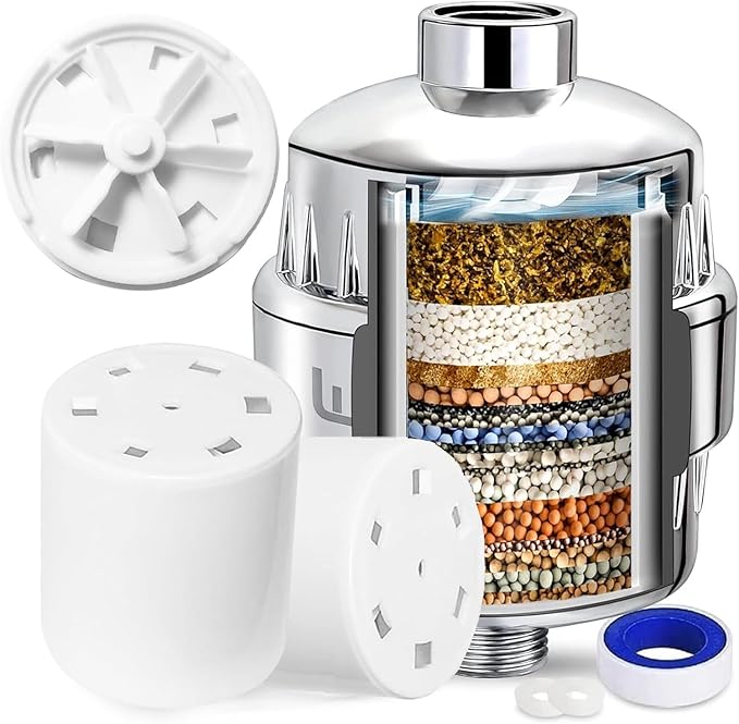 20 Stage Shower Filter with Spin Propeller w/ 2 Cartridge, Reduce Well Hard Water Chlorine Heavy Metal & Impurity, Improve Skin Hair, Fit Most Handheld Shower head Fixed Rainfall, Chrome (Chrome)