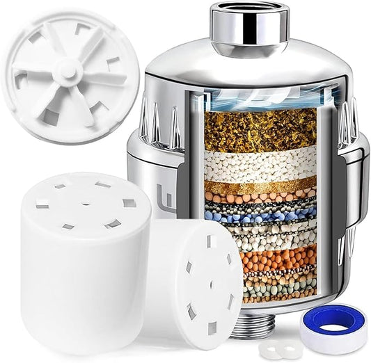 20 Stage Shower Filter with Spin Propeller w/ 2 Cartridge, Reduce Well Hard Water Chlorine Heavy Metal & Impurity, Improve Skin Hair, Fit Most Handheld Shower head Fixed Rainfall, Chrome (Chrome)