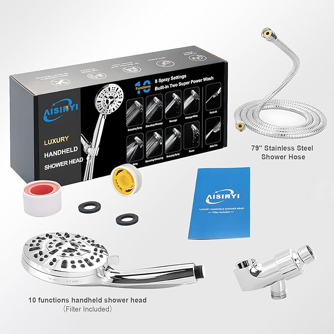 Filtered Shower Head with handheld, 10 Functions High Pressure showerhead with 79"Stainless Steel Shower Hose, Built-in 2 Power Wash, Replaceable Filter Design to Improve Water Quality (Chrome)