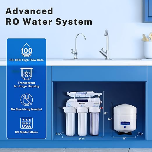 iSpring RO100 Under Sink 5-Stage Reverse Osmosis Drinking Water Filtration System High Capacity 100 GPD Fast Flow, 1:1 Pure to Waste Ratio, US Made Filters