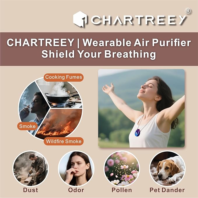 Personal Air Purifier, Chartreey® Wearable Air Purifier Necklace, True 199 million/cm³ Negative Ion, Portable Air Purifier Eliminates Dust, Pollen, Smoke for Outdoor, Travel(Purple)