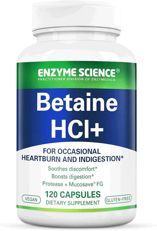 Betaine HCl with Pepsin - Supplement for Low Stomach Acid - Betaine Hydrochloride Supplement - Digestive Enzymes - Enzimas Digestivas - 120 Capsules