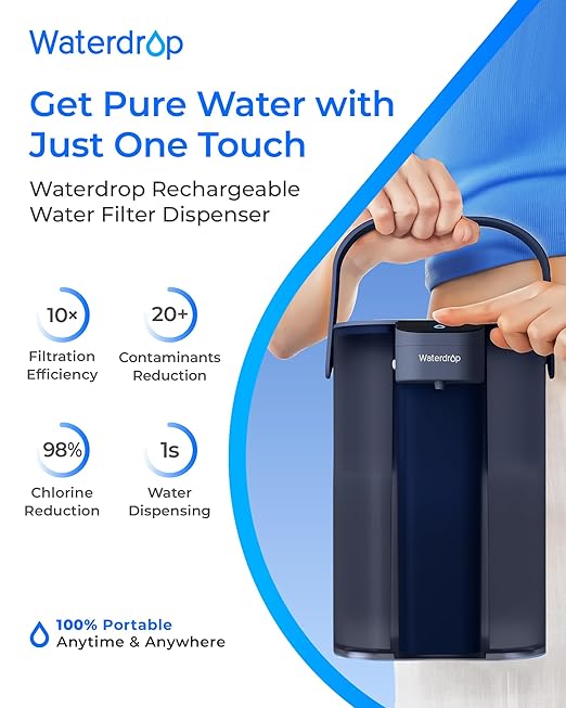 Waterdrop Rechargeable Water Filter Dispenser, 200-Gallon Water Pitcher, Instant 15-Cup Countertop System, 10X Filtration Efficiency, Reduce 98% Chlorine and 20+ Contaminants, Navy Blue
