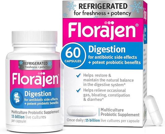 Florajen3 Digestion High Potency Refrigerated Probiotics | Restores Balance in Digestive System | for Antibiotic Side Effects | 60 Capsules