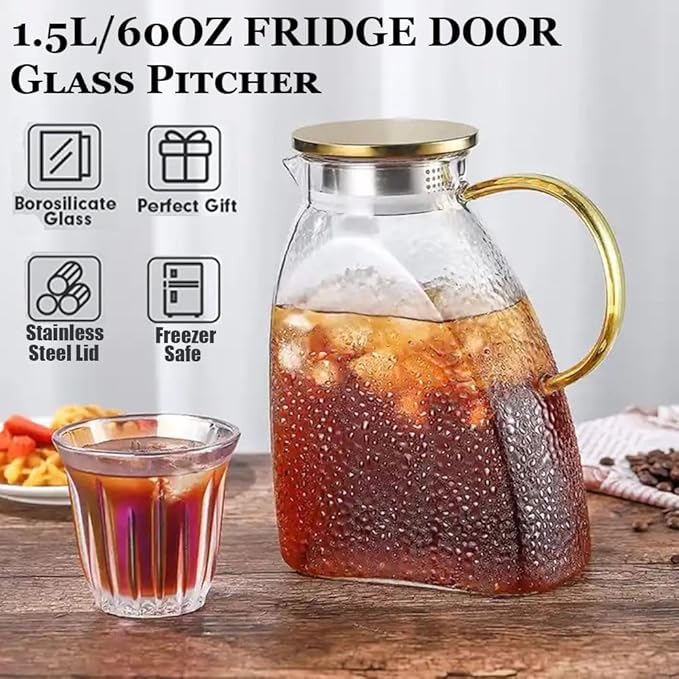 1.5L Glass Pitcher with Stainless Steel Gold Lid - Ideal Fridge Door Water Pitcher for Hot or Cold Beverage, Iced Tea, Juice, Milk, Coffee, Lemonade